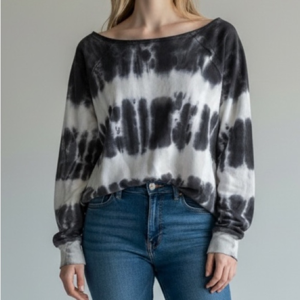 American Vintage Tie Dye Black Gray white Cotton Off the Shoulder Sweatshirt